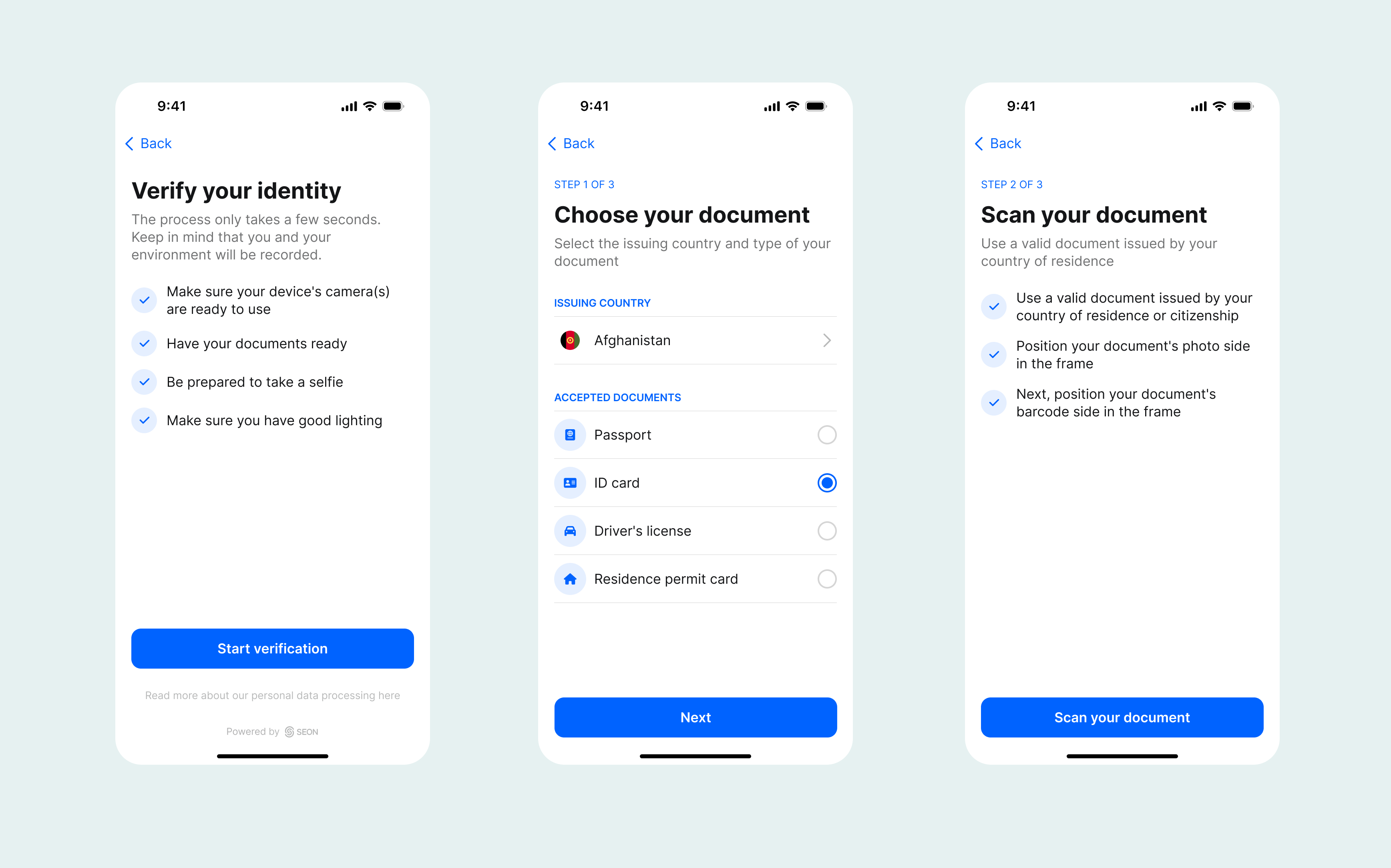 Orchestration SDK verification flow on mobile: intro screen, document type selection, and document scan
